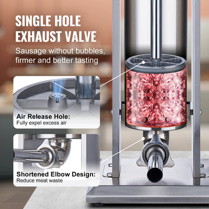 Manuell korvfyllare, 7 l / 15 lbs vertikal korvmaskin, köttfyllare med dubbla hastigheter, tillverkad av livsmedelsklassat 304 rostfritt stål, inkluderar 5 fyllningsrör, för hemmakök, restaurang, kommersiellt bruk