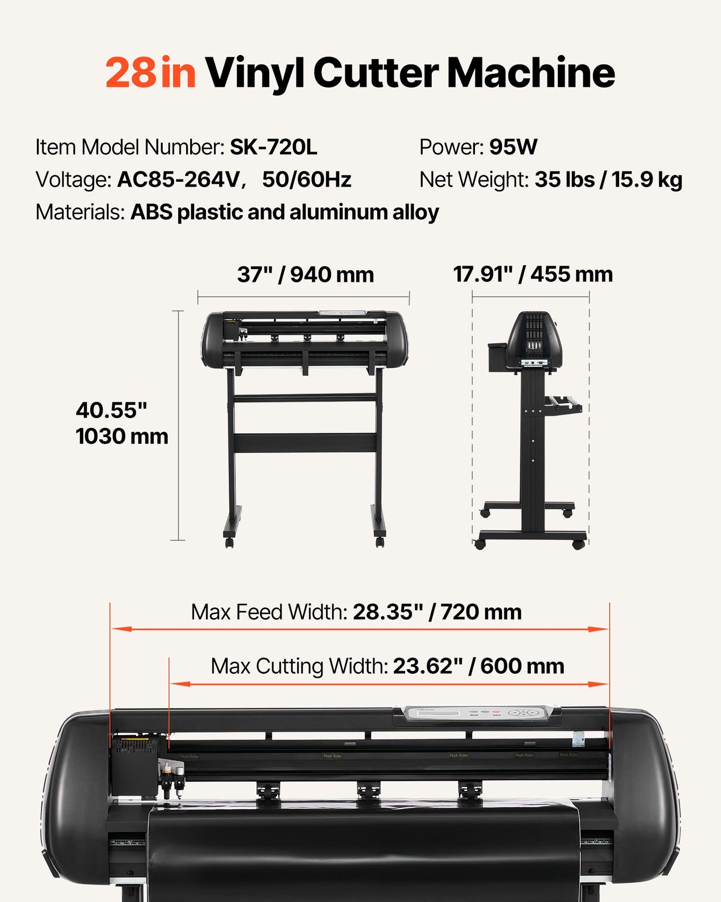 Vinyl Cutter Machine, 720 mm Max Feed Width, Dual Blades, Adjustable Force and Speed, LED Display, Vinyl Plotter Cutter Printer with Signmaster Software for Compatible with Windows and macOS