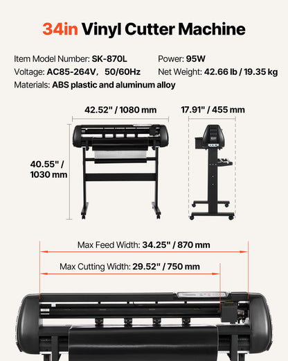 Vinyl Cutter Machine, 870 mm Max Feed Width, Dual Blades, Adjustable Force and Speed, LED Display, Vinyl Plotter Cutter Printer Bundle with Sticker Sheets, Transfer Film, Signmaster Software