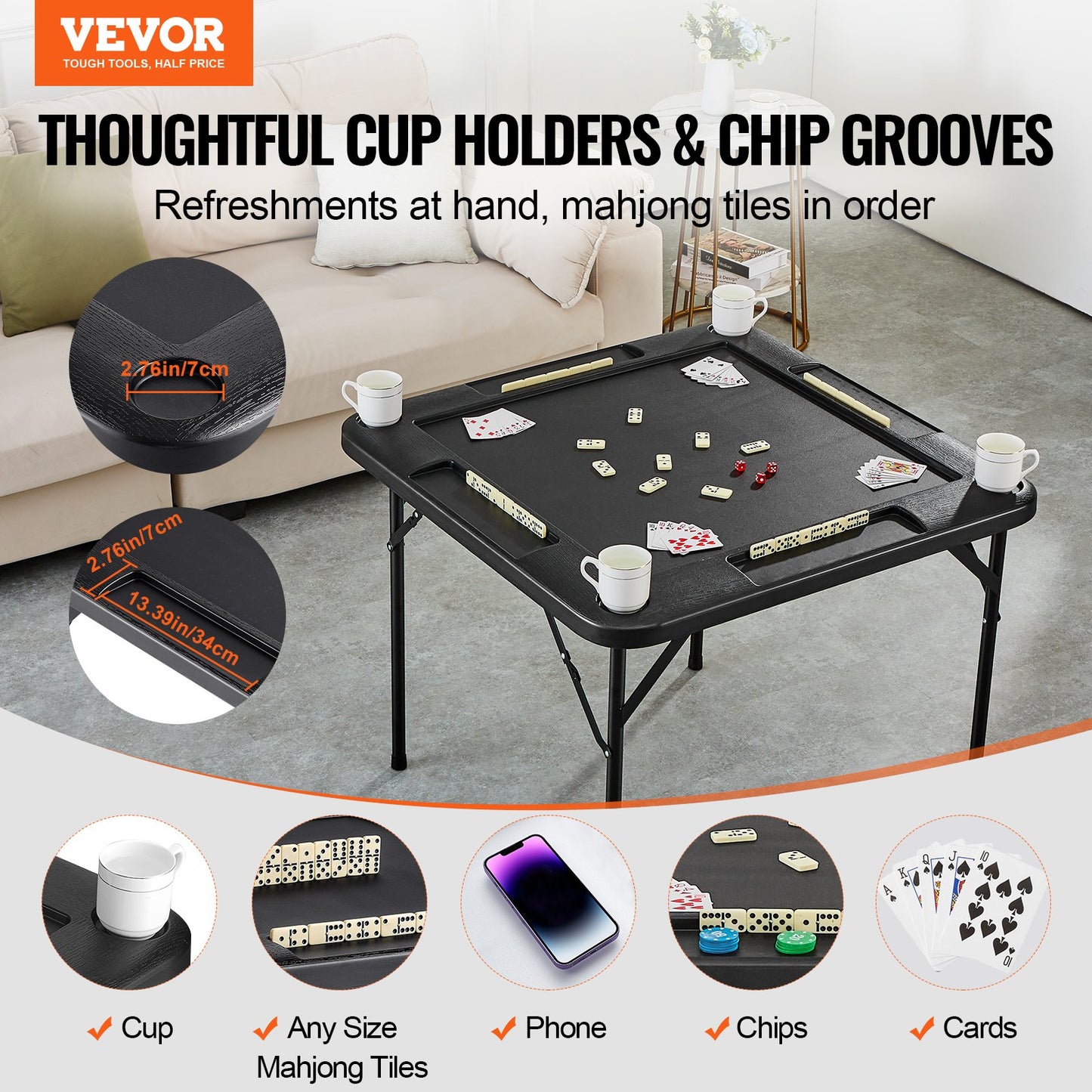 Mahjong Table, Square 4 Player Folding Card Table with 4 Cup Holders & 4 Chip Trays, Portable Domino Game Table with 1 Set of Dominoes for Mahjong Poke Puzzles, 35.4 x 35.4-inch, Black