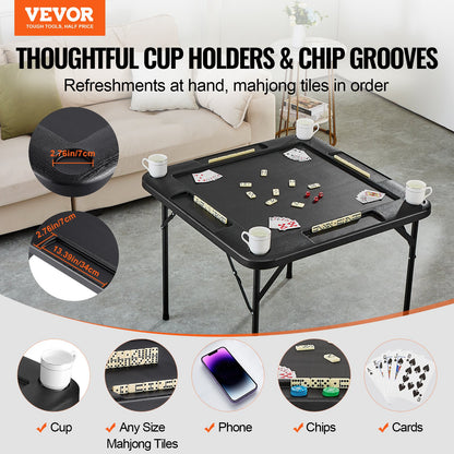 Mahjong Table, Square 4 Player Folding Card Table with 4 Cup Holders & 4 Chip Trays, Portable Domino Game Table with 1 Set of Dominoes for Mahjong Poke Puzzles, 35.4 x 35.4-inch, Black