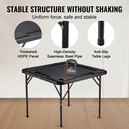 Mahjong Table, Square 4 Player Folding Card Table with 4 Cup Holders & 4 Chip Trays, Portable Domino Game Table with 1 Set of Dominoes for Mahjong Poke Puzzles, 35.4 x 35.4-inch, Black