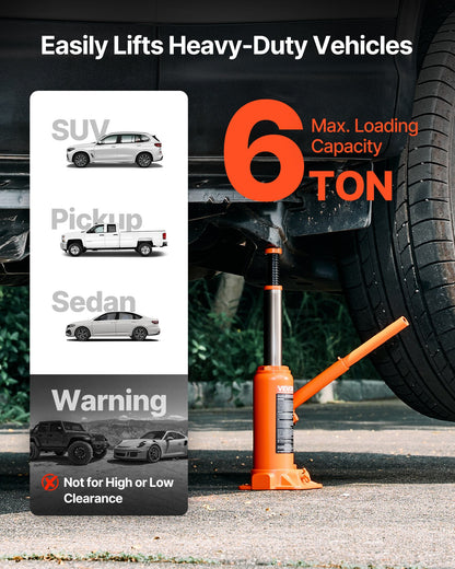 Hydraulic Bottle Jack, 6 Ton Load Capacity, 195-375 mm Lifting Range, Heavy Duty Hydraulic Welded Bottle Jack for Car, SUV, Pickup, Auto Repair, House Lift and Agricultural Equipment, Orange