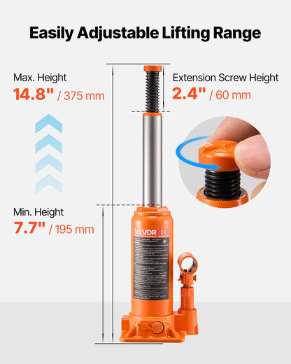 Hydraulic Bottle Jack, 6 Ton Load Capacity, 195-375 mm Lifting Range, Heavy Duty Hydraulic Welded Bottle Jack for Car, SUV, Pickup, Auto Repair, House Lift and Agricultural Equipment, Orange