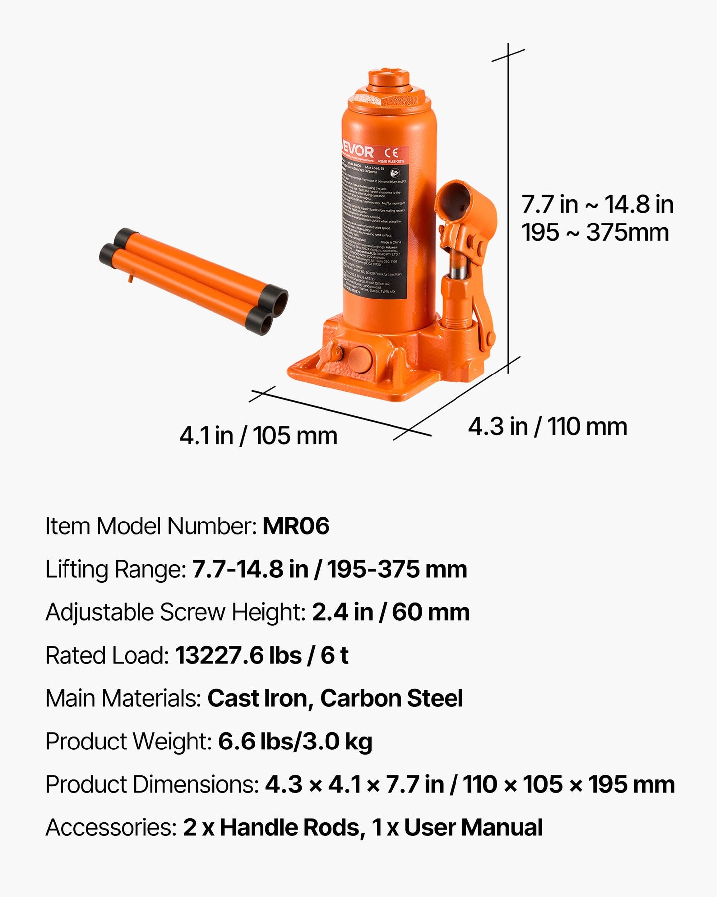 Hydraulic Bottle Jack, 6 Ton Load Capacity, 195-375 mm Lifting Range, Heavy Duty Hydraulic Welded Bottle Jack for Car, SUV, Pickup, Auto Repair, House Lift and Agricultural Equipment, Orange