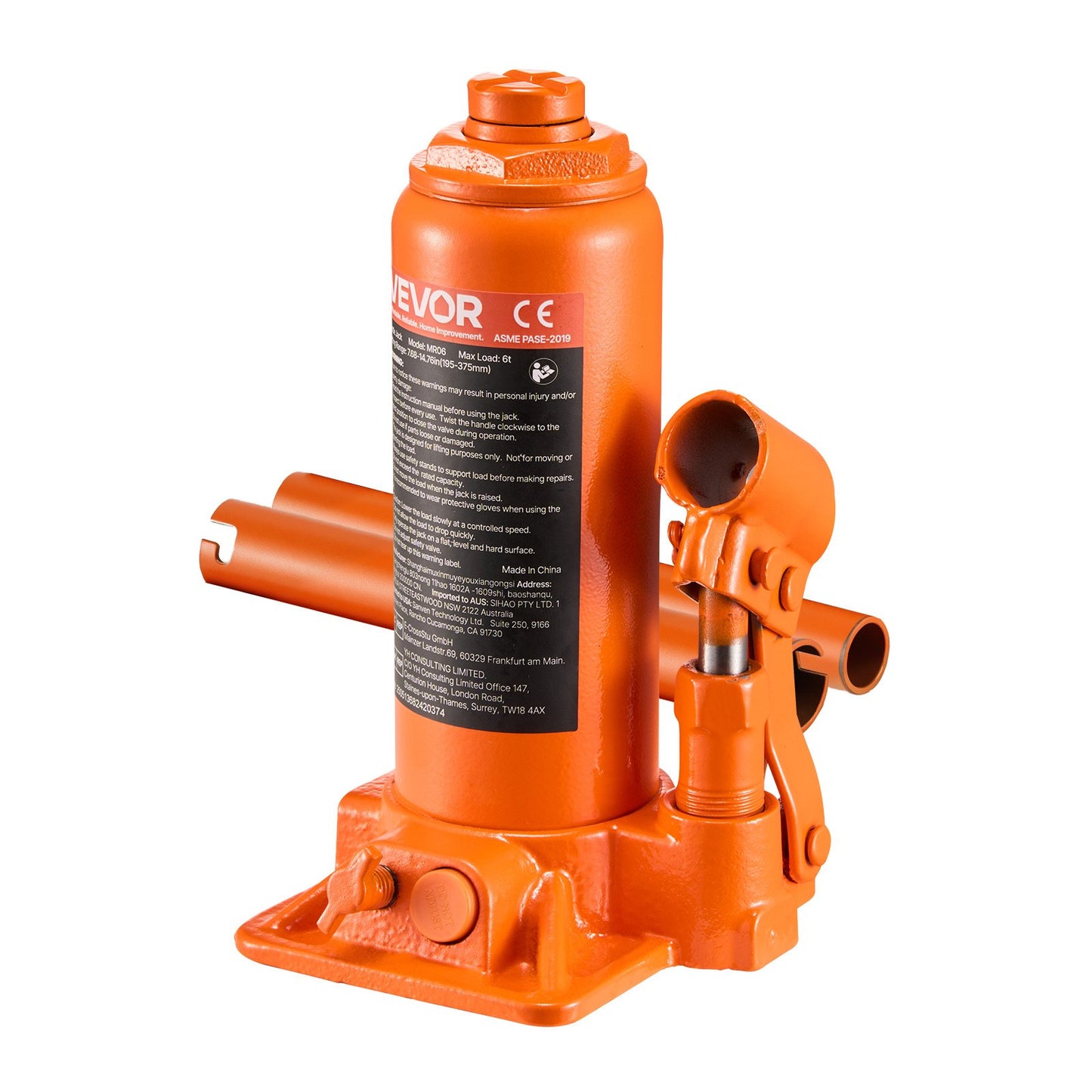 Hydraulic Bottle Jack, 6 Ton Load Capacity, 195-375 mm Lifting Range, Heavy Duty Hydraulic Welded Bottle Jack for Car, SUV, Pickup, Auto Repair, House Lift and Agricultural Equipment, Orange