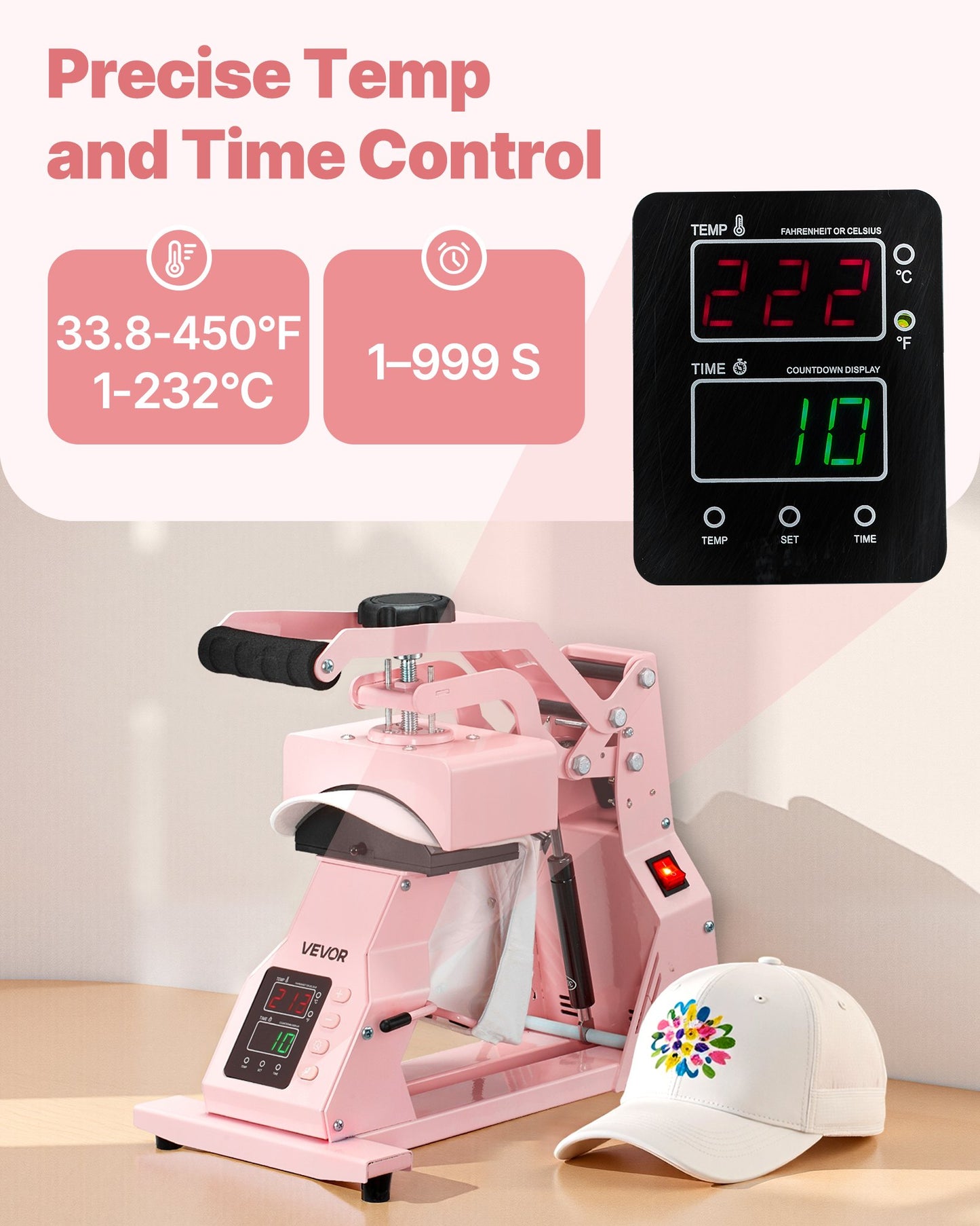 Hat Heat Press Machine, with 2pcs Interchangeable Platens, Precise Temperature and Time Control, Hat Press for HTV Iron On and Sublimation Projects, for Caps, Headbands, Cuffs, Face Masks, Pink