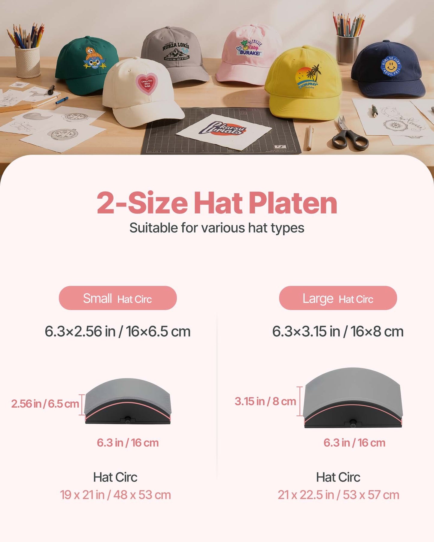 Hat Heat Press Machine, with 2pcs Interchangeable Platens, Precise Temperature and Time Control, Hat Press for HTV Iron On and Sublimation Projects, for Caps, Headbands, Cuffs, Face Masks, Pink