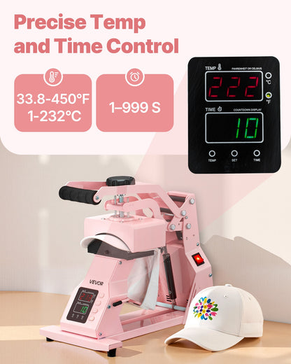Hat Heat Press Machine, with 4pcs Interchangeable Platens, Precise Temperature and Time Control, Hat Press for HTV Iron On and Sublimation Projects, for Caps, Headbands, Cuffs, Face Masks, Pink