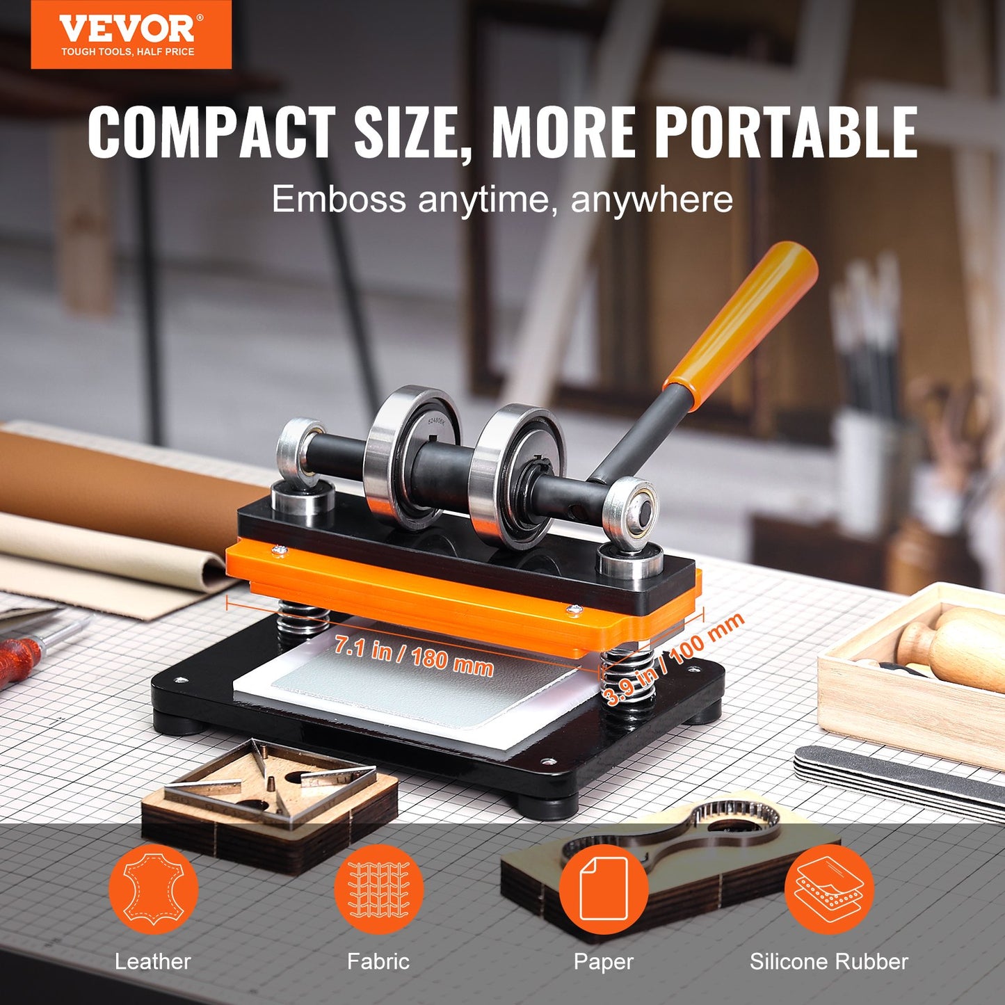 Läderskärmaskin, 18 x 10 cm präglingsplatta, manuell stans, 1,2 cm tryckslag för läderprägling, stansmaskin med dubbla styraxlar för olika material