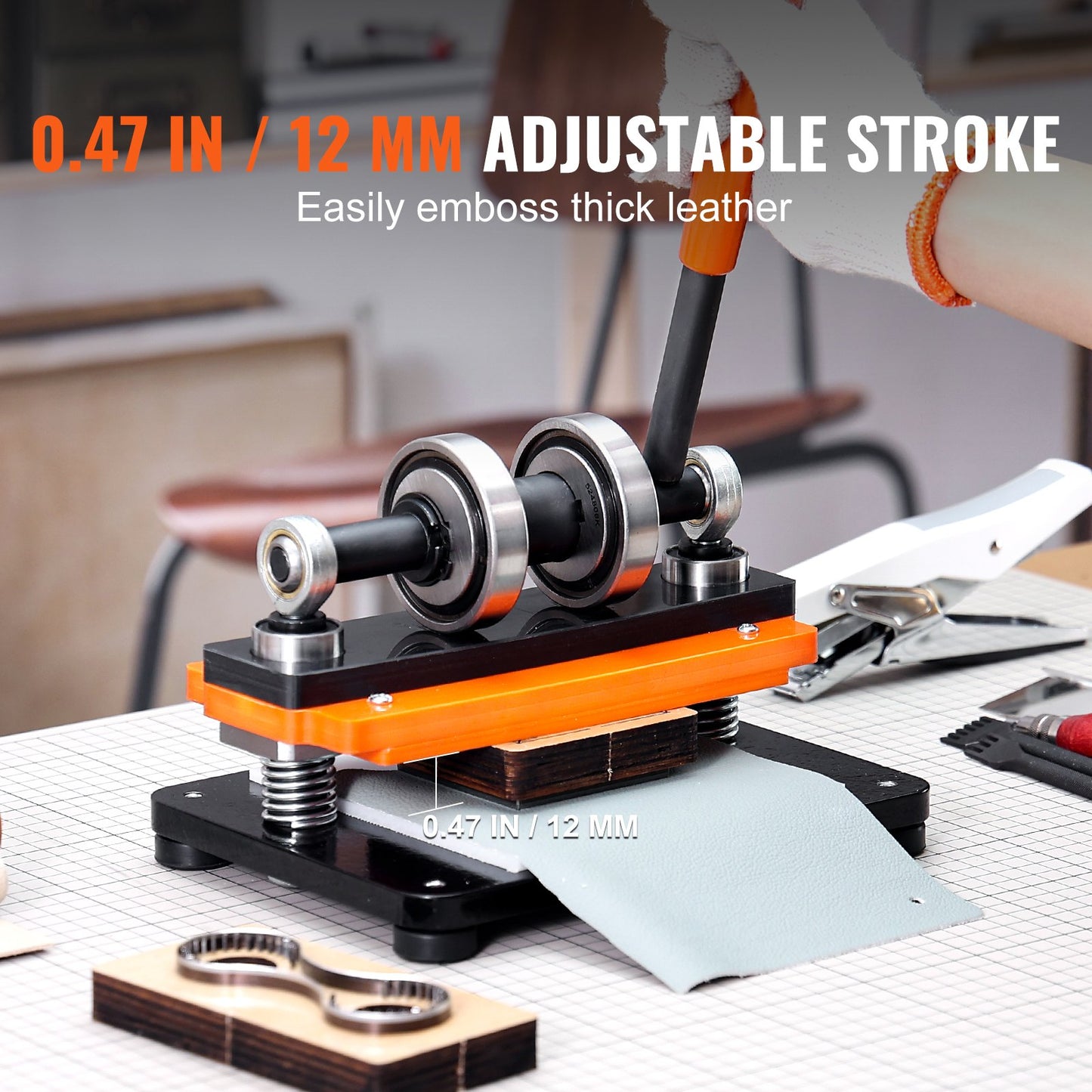 Läderskärmaskin, 18 x 10 cm präglingsplatta, manuell stans, 1,2 cm tryckslag för läderprägling, stansmaskin med dubbla styraxlar för olika material