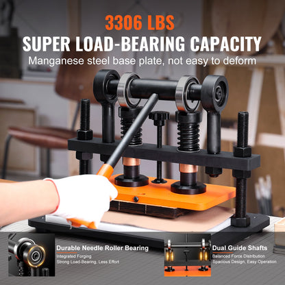 Läderskärmaskin, 25,9 x 15 cm präglingsplatta, manuell stans, 1,2 cm tryckslag, läderpräglingsmaskin med dubbla styraxlar för olika material