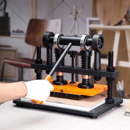 Läderskärmaskin, 25,9 x 15 cm präglingsplatta, manuell stans, 1,2 cm tryckslag, läderpräglingsmaskin med dubbla styraxlar för olika material