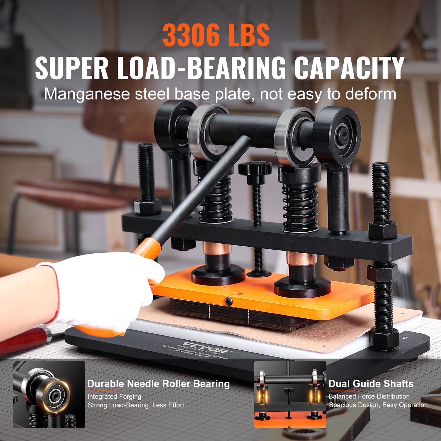 Läderskärmaskin, 25,9 x 12 cm präglingsplatta, manuell stans, 1,2 cm tryckslag, läderpräglingsmaskin med dubbla styraxlar för olika material