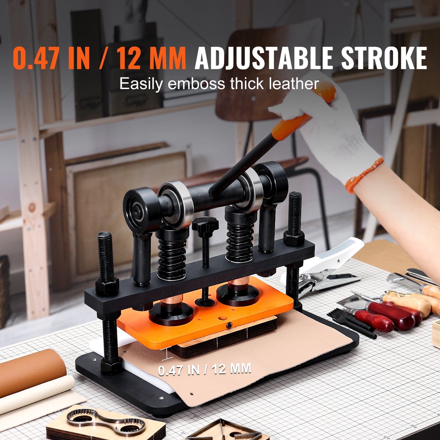 Läderskärmaskin, 25,9 x 12 cm präglingsplatta, manuell stans, 1,2 cm tryckslag, läderpräglingsmaskin med dubbla styraxlar för olika material