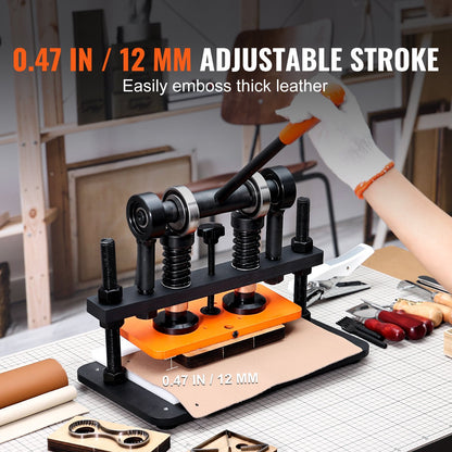 Läderskärmaskin, 25,9 x 12 cm präglingsplatta, manuell stans, 1,2 cm tryckslag, läderpräglingsmaskin med dubbla styraxlar för olika material