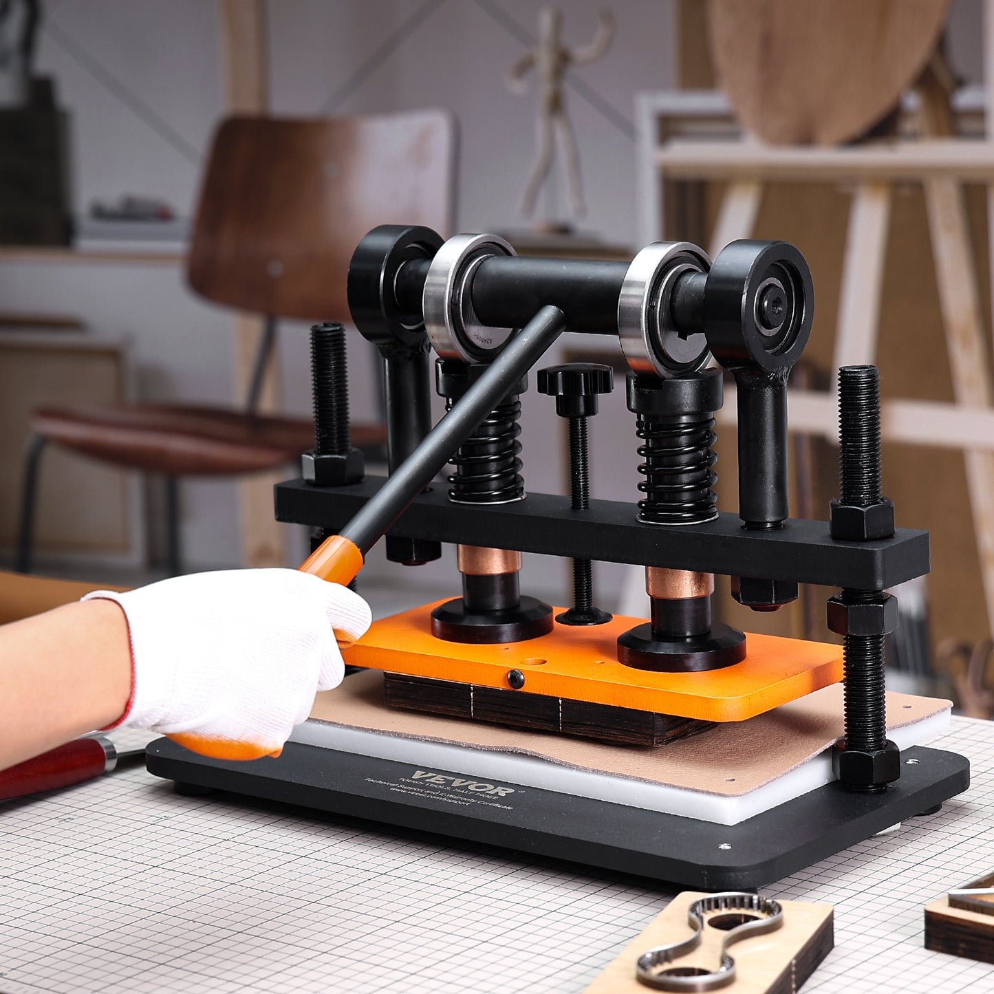 Läderskärmaskin, 25,9 x 12 cm präglingsplatta, manuell stans, 1,2 cm tryckslag, läderpräglingsmaskin med dubbla styraxlar för olika material