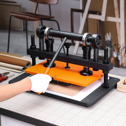 Läderskärmaskin, 36 x 25,9 cm präglingsplatta, manuell stans, 1,2 cm tryckslag, läderpräglingsmaskin med dubbla styraxlar för olika material