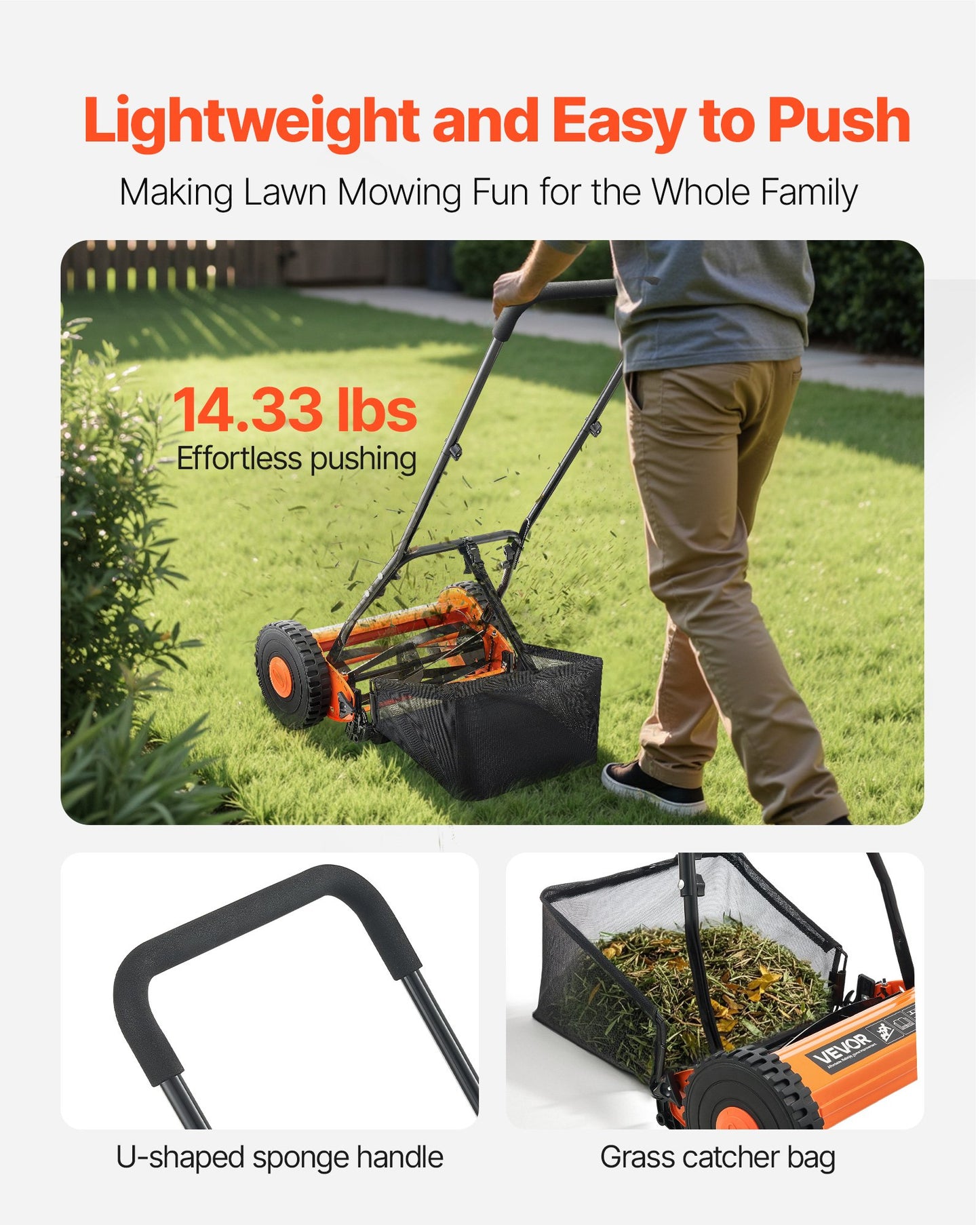 Push Reel Lawn Mower 35 cm, 5 Blades Manual Push Mower No Motor, 15-45 mm Adjustable Cutting Height, Walk-Behind Lawn Mowers with Grass Catcher Bag for Green Lawns, Driveways, Courtyards