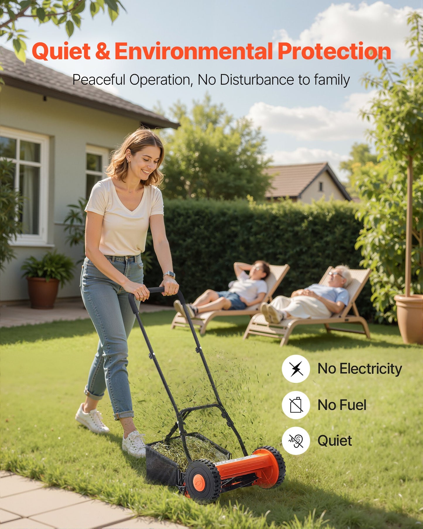 Push Reel Lawn Mower 35 cm, 5 Blades Manual Push Mower No Motor, 15-45 mm Adjustable Cutting Height, Walk-Behind Lawn Mowers with Grass Catcher Bag for Green Lawns, Driveways, Courtyards