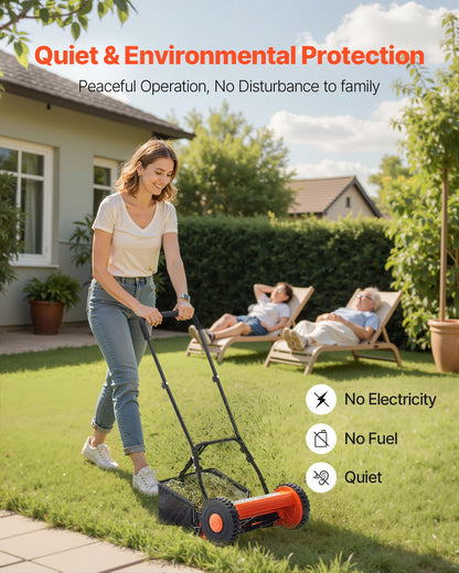 Push Reel Lawn Mower 35 cm, 5 Blades Manual Push Mower No Motor, 15-45 mm Adjustable Cutting Height, Walk-Behind Lawn Mowers with Grass Catcher Bag for Green Lawns, Driveways, Courtyards