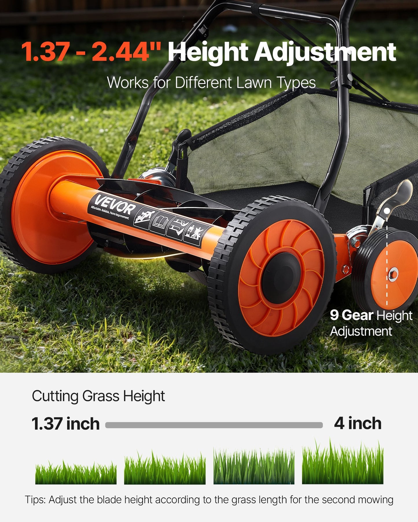 Push Reel Lawn Mower 45 cm, 5 Blades Manual Push Mower No Motor, 35- 62mm Adjustable Cutting Height, Walk-Behind Lawn Mowers with Grass Catcher Bag for Green Lawns, Driveways, Courtyards