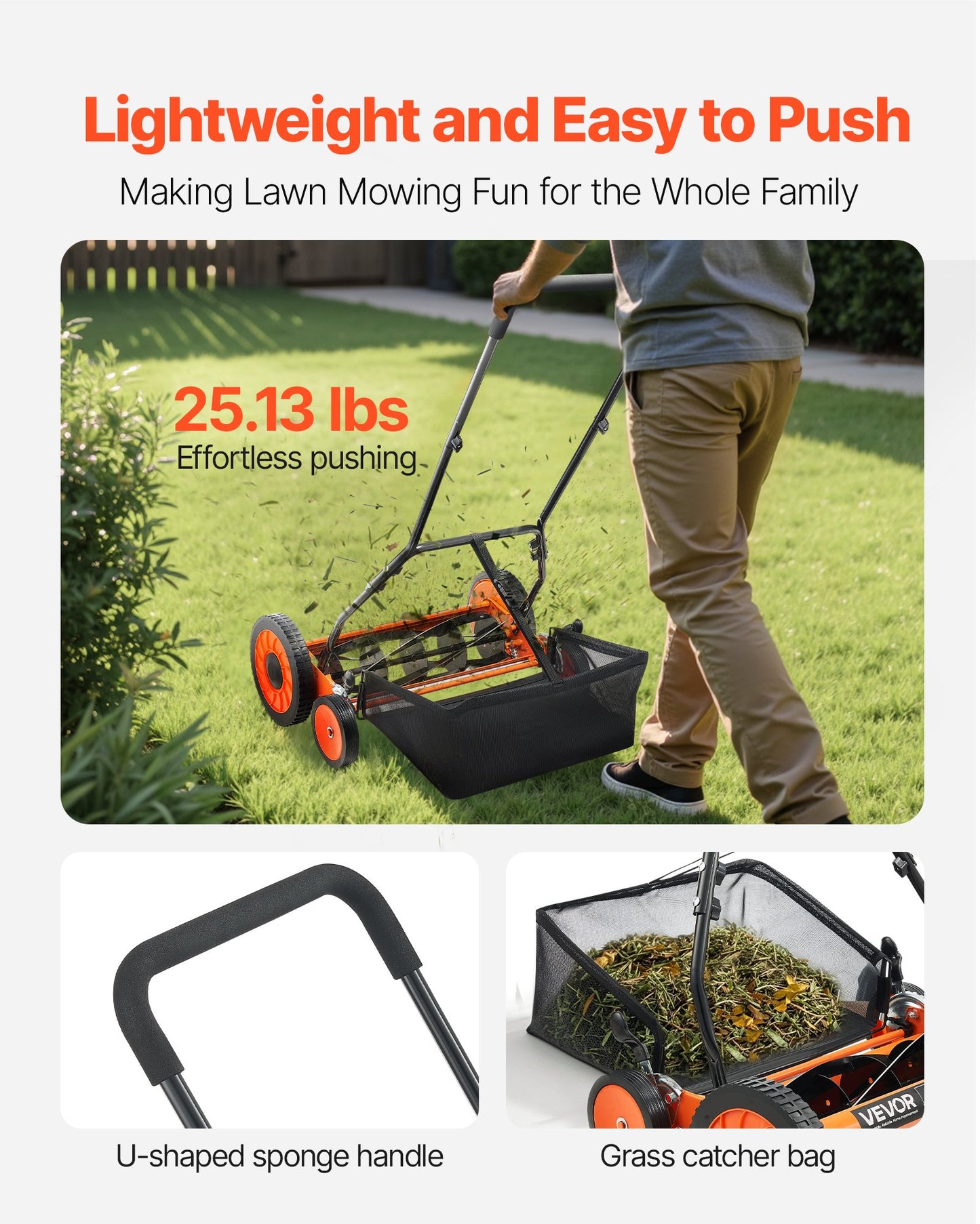 Push Reel Lawn Mower 45 cm, 5 Blades Manual Push Mower No Motor, 35- 62mm Adjustable Cutting Height, Walk-Behind Lawn Mowers with Grass Catcher Bag for Green Lawns, Driveways, Courtyards