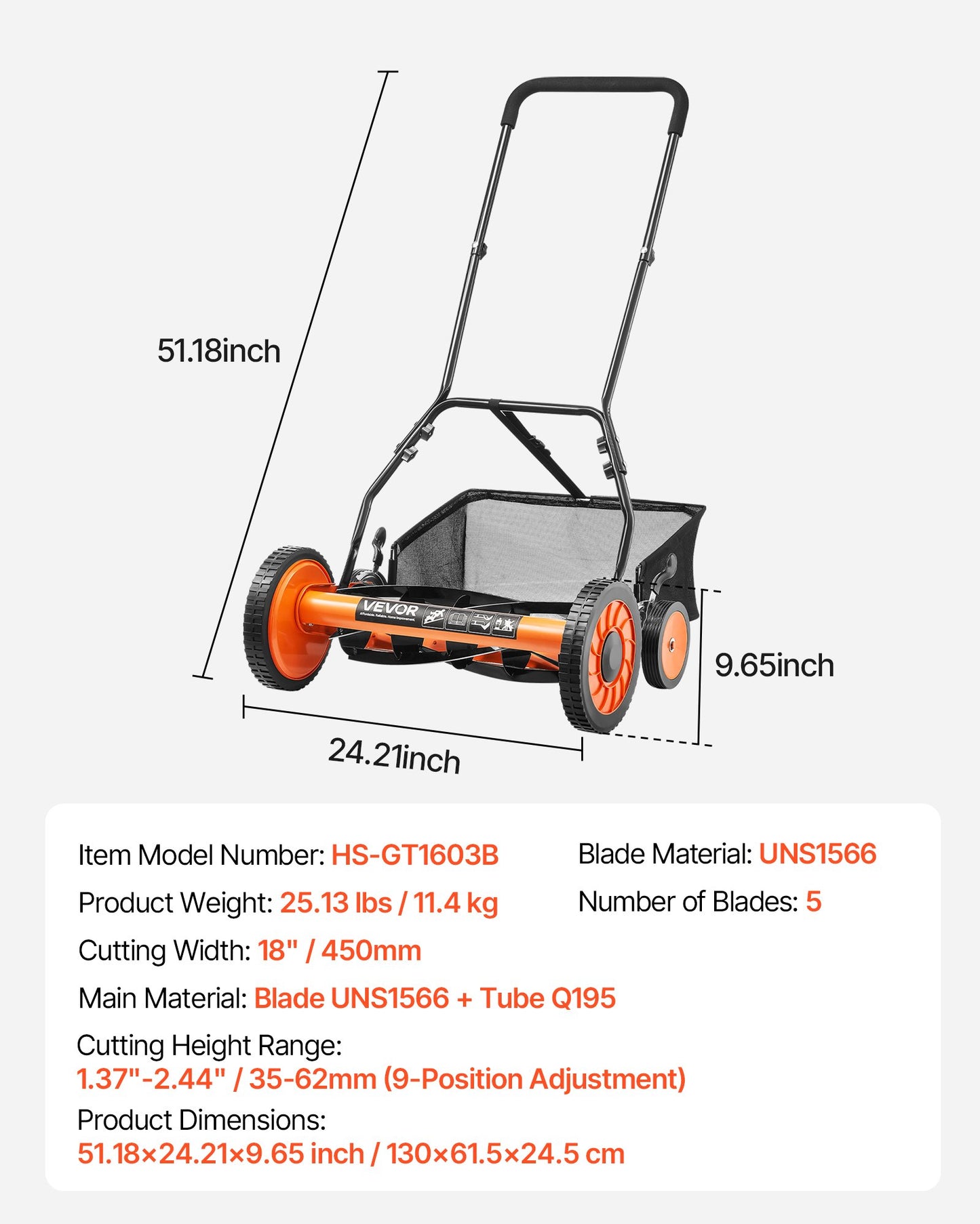 Push Reel Lawn Mower 45 cm, 5 Blades Manual Push Mower No Motor, 35- 62mm Adjustable Cutting Height, Walk-Behind Lawn Mowers with Grass Catcher Bag for Green Lawns, Driveways, Courtyards