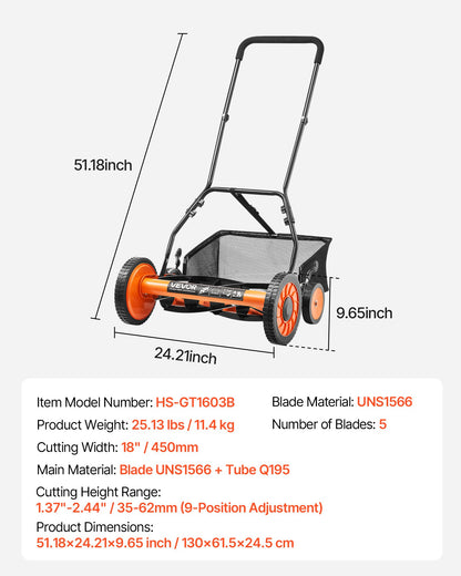 Push Reel Lawn Mower 45 cm, 5 Blades Manual Push Mower No Motor, 35- 62mm Adjustable Cutting Height, Walk-Behind Lawn Mowers with Grass Catcher Bag for Green Lawns, Driveways, Courtyards