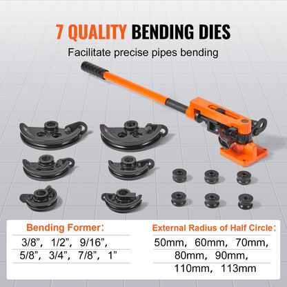 Pipe Tube Bender, 9.5mm to 25.4mm OD Manual Pipe Tube Bender with 7 Bending Dies, 180° Copper Aluminum Pipes Bending Tools for HVAC Air Conditioning Refrigerator Auto Repair