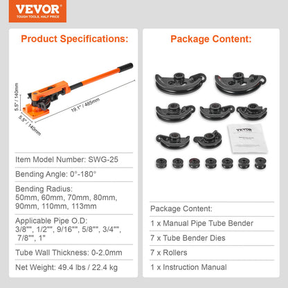Pipe Tube Bender, 9.5mm to 25.4mm OD Manual Pipe Tube Bender with 7 Bending Dies, 180° Copper Aluminum Pipes Bending Tools for HVAC Air Conditioning Refrigerator Auto Repair