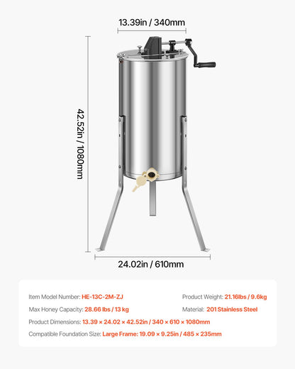 Honey Extractor, 2 Frame Manual Honey Spinner with Transparent Lid, Stainless Steel Honeycomb Drum Spinner with Height Adjustable Stand, Honeycomb Extraction Centrifuge Equipment for Beekeeping