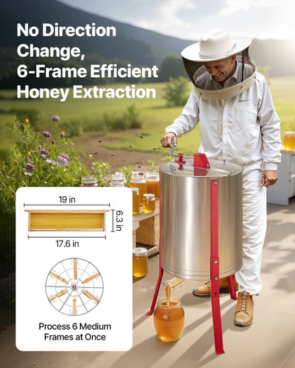 Honey Extractor, 6 Frame Manual Honey Spinner with Transparent Lid, Stainless Steel Honeycomb Drum Spinner with Height Adjustable Stand, Honeycomb Extraction Centrifuge Equipment for Beekeeping