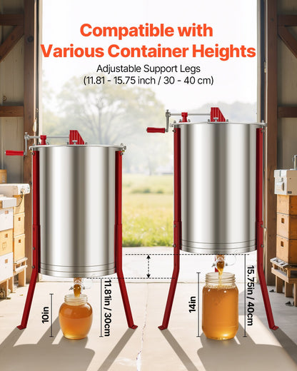 Honey Extractor, 6 Frame Manual Honey Spinner with Transparent Lid, Stainless Steel Honeycomb Drum Spinner with Height Adjustable Stand, Honeycomb Extraction Centrifuge Equipment for Beekeeping