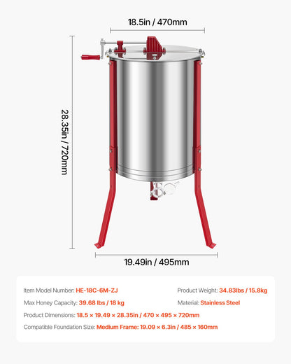 Honey Extractor, 6 Frame Manual Honey Spinner with Transparent Lid, Stainless Steel Honeycomb Drum Spinner with Height Adjustable Stand, Honeycomb Extraction Centrifuge Equipment for Beekeeping
