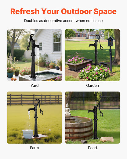 Well Hand Pitcher Pump, 20 ft Max Lift, Antique Cast Iron Manual Hand Water Pump with Heightening Base, NPT 1-1/4 in Connection, Easy Installation, for Outdoor Garden, Pond, Yard, Farm, Black