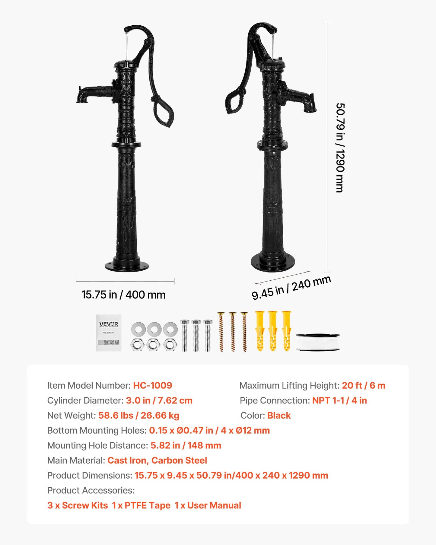 Well Hand Pitcher Pump, 20 ft Max Lift, Antique Cast Iron Manual Hand Water Pump with Heightening Base, NPT 1-1/4 in Connection, Easy Installation, for Outdoor Garden, Pond, Yard, Farm, Black