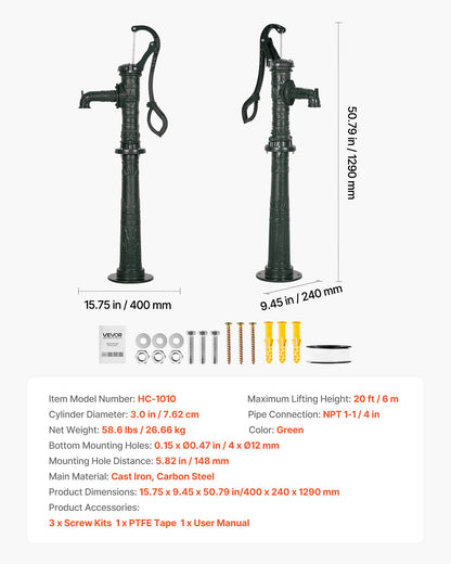 Well Hand Pitcher Pump, 20 ft Max Lift, Antique Cast Iron Manual Hand Water Pump with Heightening Base, NPT 1-1/4 in Connection, Easy Installation, for Outdoor Garden, Pond, Yard, Farm, Green