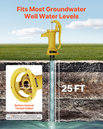 Well Hand Pitcher Pump, 25 ft Maximum Lift, Antique Cast Iron Manual Hand Water Pump, NPT 1-1/4 in Connection, Easy Installation, Old Fashioned for Outdoor Garden, Pond, Backyard, Farm, Yellow