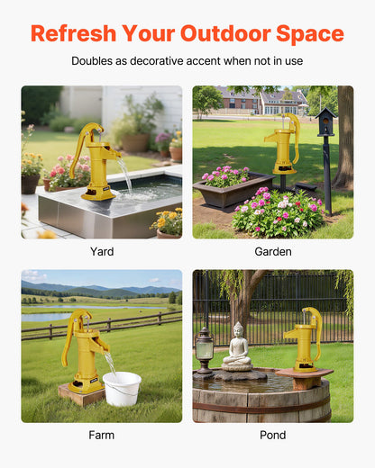 Well Hand Pitcher Pump, 25 ft Maximum Lift, Antique Cast Iron Manual Hand Water Pump, NPT 1-1/4 in Connection, Easy Installation, Old Fashioned for Outdoor Garden, Pond, Backyard, Farm, Yellow