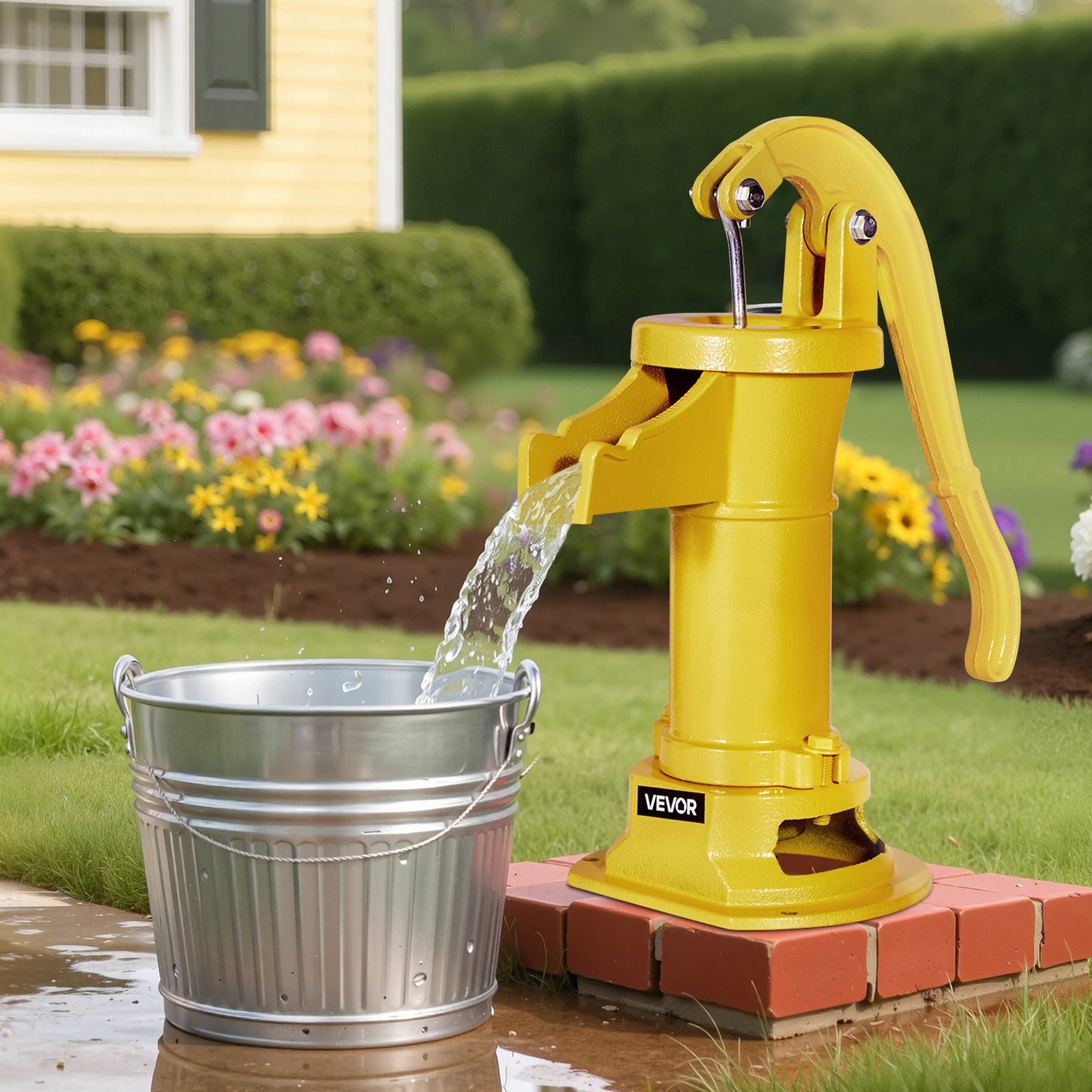 Well Hand Pitcher Pump, 25 ft Maximum Lift, Antique Cast Iron Manual Hand Water Pump, NPT 1-1/4 in Connection, Easy Installation, Old Fashioned for Outdoor Garden, Pond, Backyard, Farm, Yellow