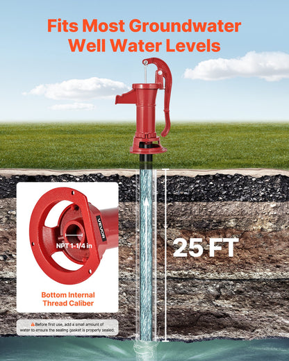 Well Hand Pitcher Pump, 25 ft Maximum Lift, Antique Cast Iron Manual Hand Water Pump, NPT 1-1/4 in Connection, Easy Installation, Old Fashioned for Outdoor Garden, Pond, Backyard, Farm, Red