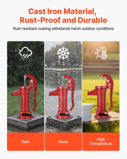 Well Hand Pitcher Pump, 25 ft Maximum Lift, Antique Cast Iron Manual Hand Water Pump, NPT 1-1/4 in Connection, Easy Installation, Old Fashioned for Outdoor Garden, Pond, Backyard, Farm, Red