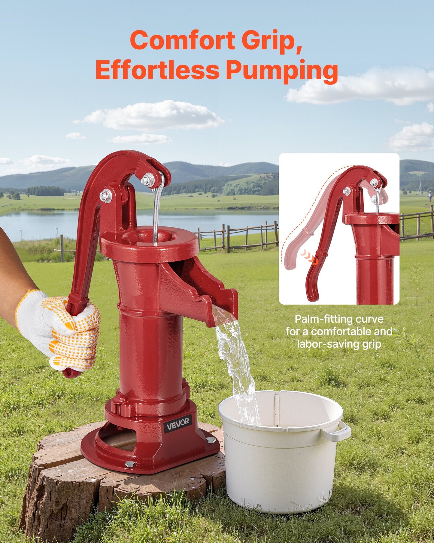 Well Hand Pitcher Pump, 25 ft Maximum Lift, Antique Cast Iron Manual Hand Water Pump, NPT 1-1/4 in Connection, Easy Installation, Old Fashioned for Outdoor Garden, Pond, Backyard, Farm, Red