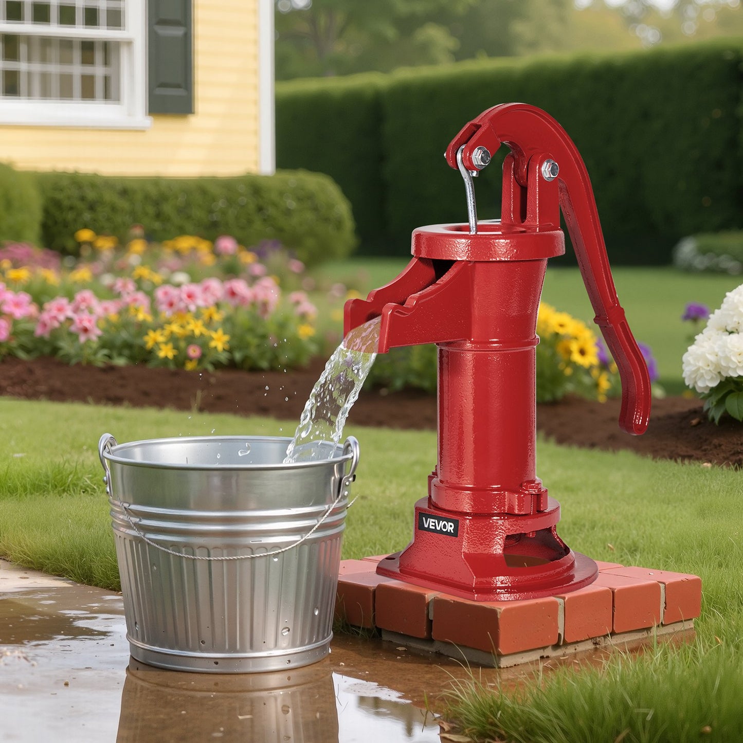 Well Hand Pitcher Pump, 25 ft Maximum Lift, Antique Cast Iron Manual Hand Water Pump, NPT 1-1/4 in Connection, Easy Installation, Old Fashioned for Outdoor Garden, Pond, Backyard, Farm, Red