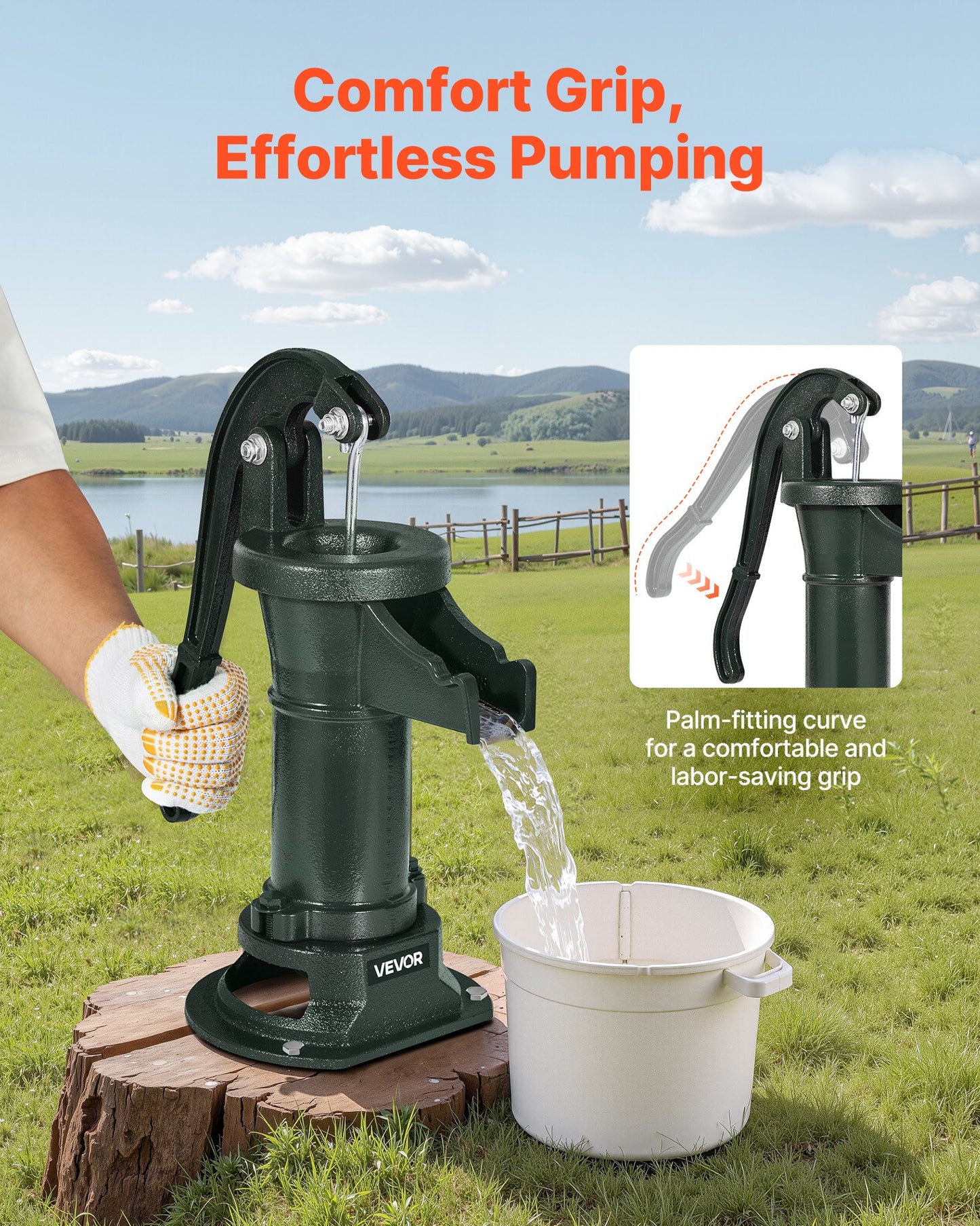 Well Hand Pitcher Pump, 25 ft Maximum Lift, Antique Cast Iron Manual Hand Water Pump, NPT 1-1/4 in Connection, Easy Installation, Old Fashioned for Outdoor Garden, Pond, Backyard, Farm, Green