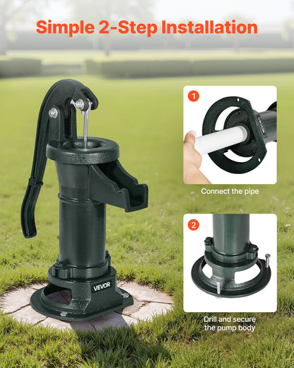 Well Hand Pitcher Pump, 25 ft Maximum Lift, Antique Cast Iron Manual Hand Water Pump, NPT 1-1/4 in Connection, Easy Installation, Old Fashioned for Outdoor Garden, Pond, Backyard, Farm, Green