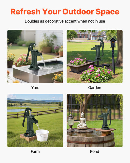 Well Hand Pitcher Pump, 25 ft Maximum Lift, Antique Cast Iron Manual Hand Water Pump, NPT 1-1/4 in Connection, Easy Installation, Old Fashioned for Outdoor Garden, Pond, Backyard, Farm, Green