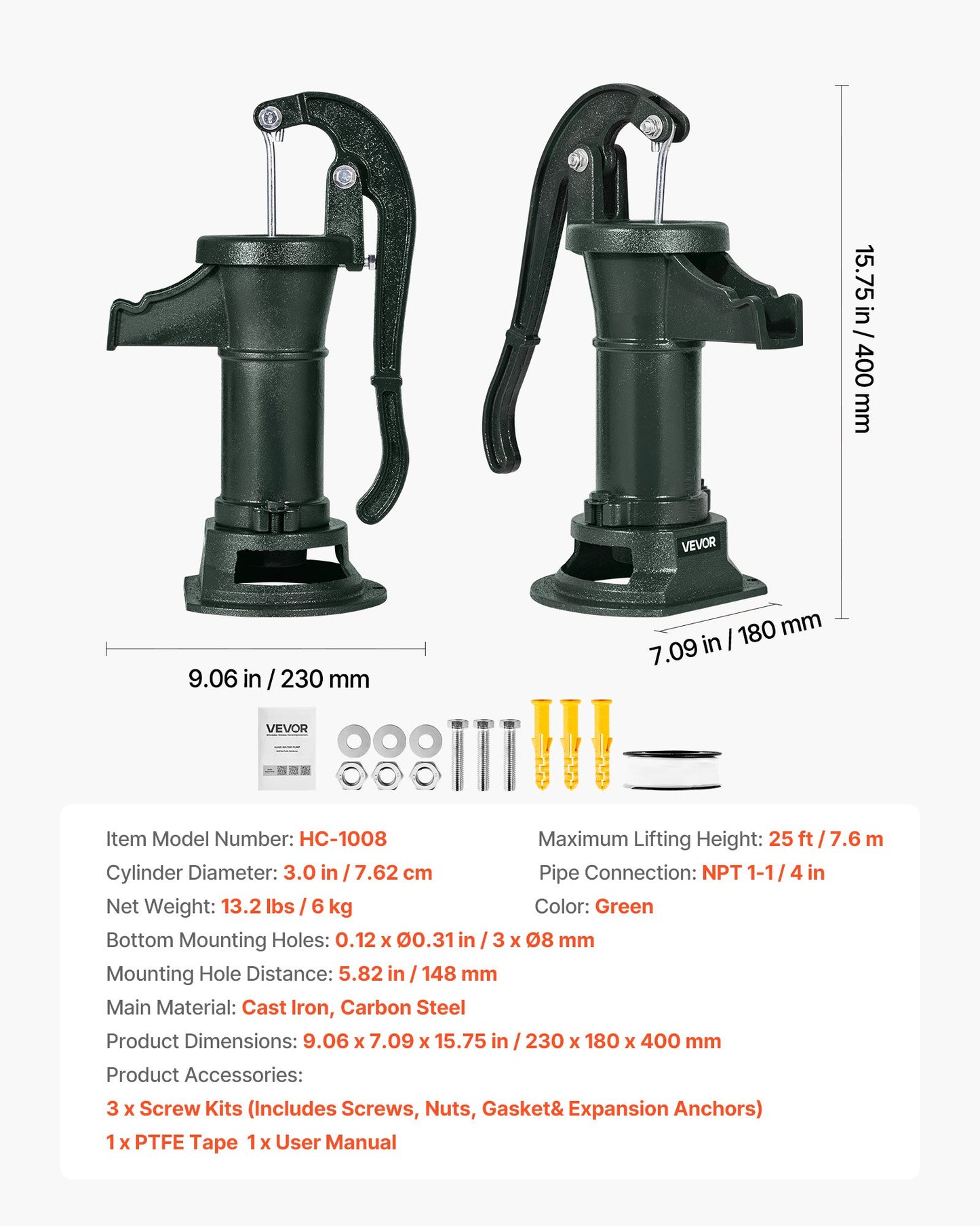 Well Hand Pitcher Pump, 25 ft Maximum Lift, Antique Cast Iron Manual Hand Water Pump, NPT 1-1/4 in Connection, Easy Installation, Old Fashioned for Outdoor Garden, Pond, Backyard, Farm, Green