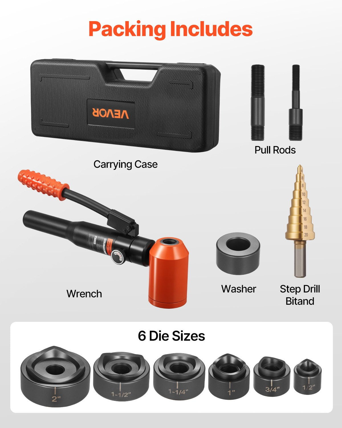 Utslagningsstanssats, 98,07 kN hydraulisk utslagningssats, 12,7 till 50,8 mm KO-verktygssats Håltagningsverktyg, KO-verktygssats med 6 backar för metallskåp, elektriska styrskåp, kopplingsskåp